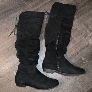 Black Suede Tall Knee High Lace Up Black Boots